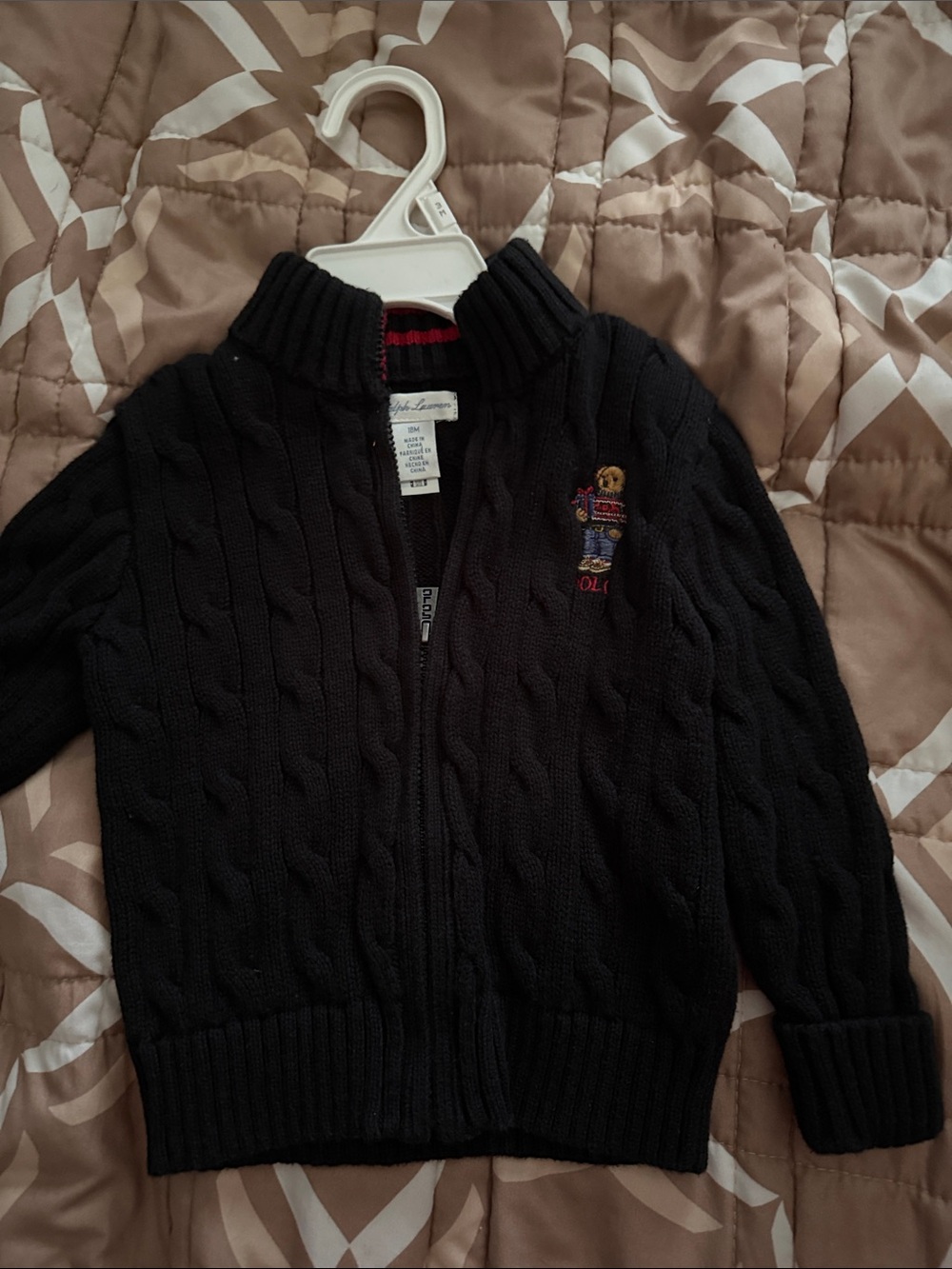 Polo by Ralph Lauren Black Cable-Knit Zip Cardigan with Crest